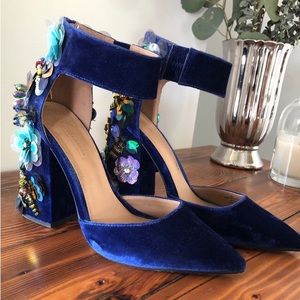 ASOS Cobalt Blue Velvet Heels Shoes With Flower and Bees Beading